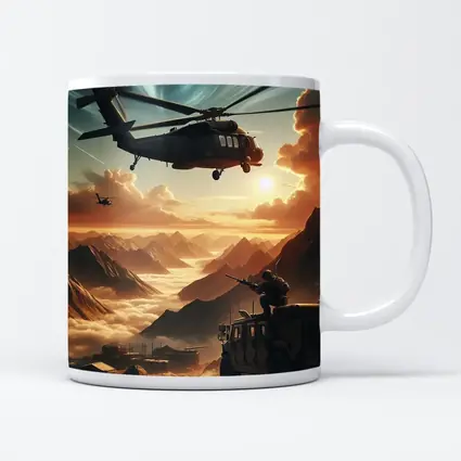 Military Helicopter Soldier Mountain Sunset Scene