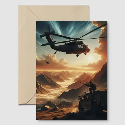 Military Helicopter Soldier Mountain Sunset Scene