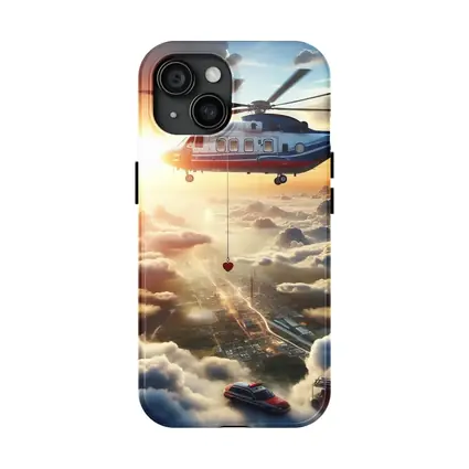 Rescue Helicopter Flying Above City Clouds