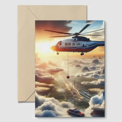 Rescue Helicopter Flying Above City Clouds