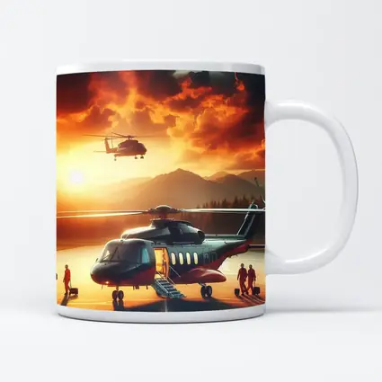 Helicopters on Tarmac Fiery Sunset Sky