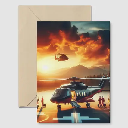 Helicopters on Tarmac Fiery Sunset Sky