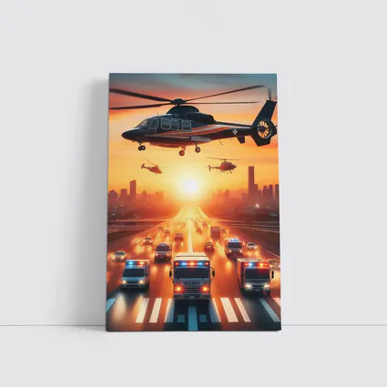 Emergency Helicopters Ambulances City Sunset Scene