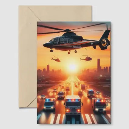 Emergency Helicopters Ambulances City Sunset Scene