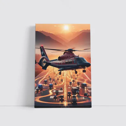 Medical Helicopter Flying Over Busy Highway Sunset