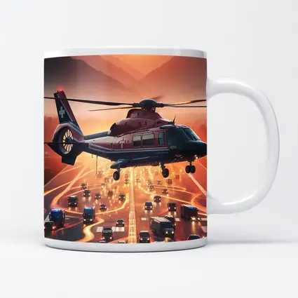 Medical Helicopter Flying Over Busy Highway Sunset