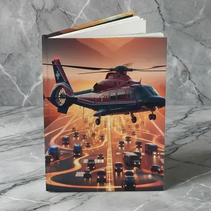 Medical Helicopter Flying Over Busy Highway Sunset