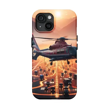 Medical Helicopter Flying Over Busy Highway Sunset