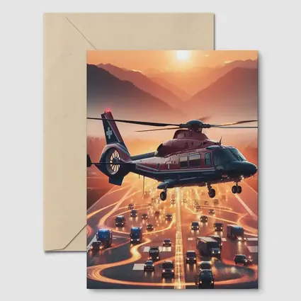 Medical Helicopter Flying Over Busy Highway Sunset