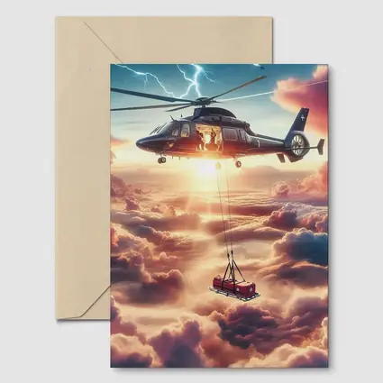 Helicopter Lifting Cargo Above Dramatic Clouds