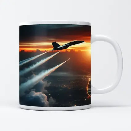 Fighter Jet Climbing Over City At Sunset
