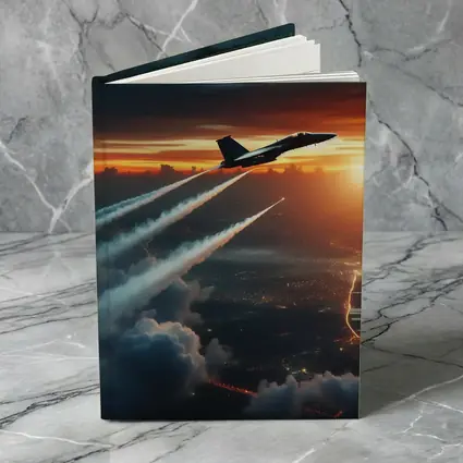 Fighter Jet Climbing Over City At Sunset