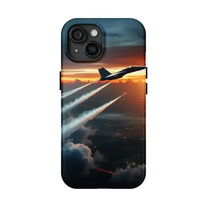 Fighter Jet Climbing Over City At Sunset