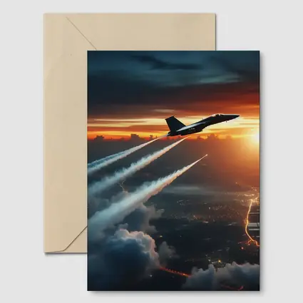 Fighter Jet Climbing Over City At Sunset