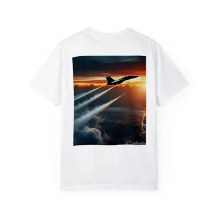 Fighter Jet Climbing Over City At Sunset