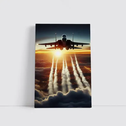 Fighter Jet Flying Over City At Sunset