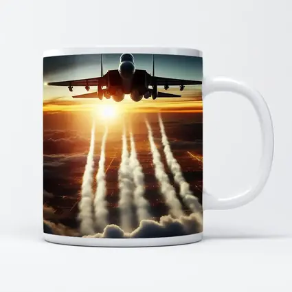 Fighter Jet Flying Over City At Sunset