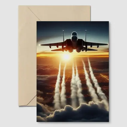 Fighter Jet Flying Over City At Sunset