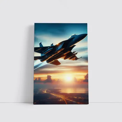 Fighter Jet Flying Over City At Sunset