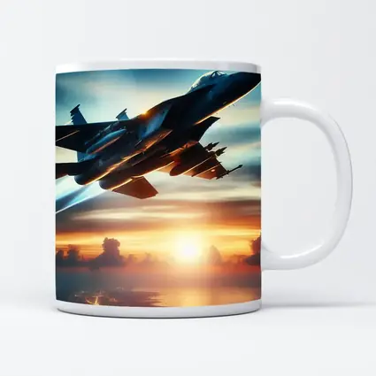 Fighter Jet Flying Over City At Sunset