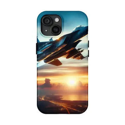 Fighter Jet Flying Over City At Sunset