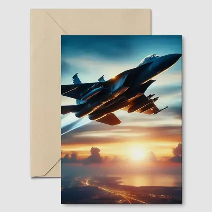 Fighter Jet Flying Over City At Sunset