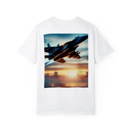 Fighter Jet Flying Over City At Sunset