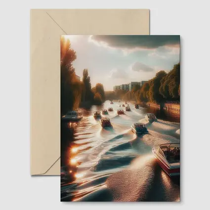 Boats Cruising Sunny River at Golden Hour