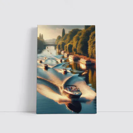 Speedboats Racing Along Sunny Tree Lined Canal