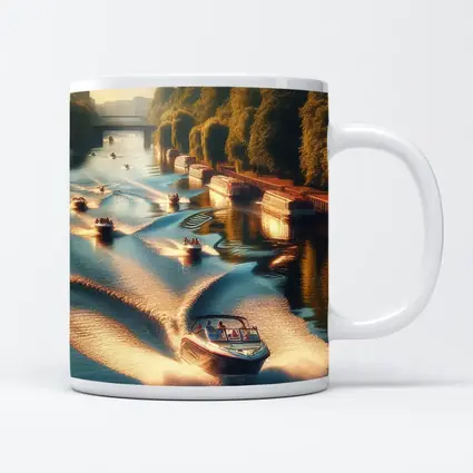 Speedboats Racing Along Sunny Tree Lined Canal