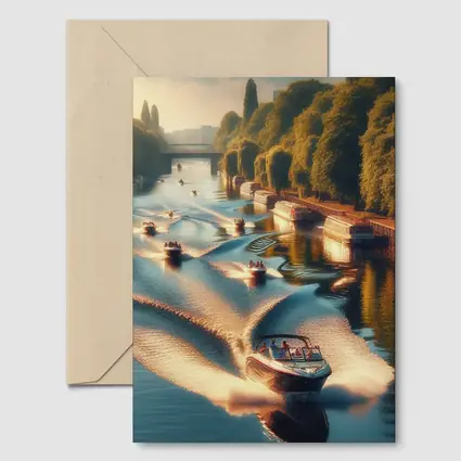 Speedboats Racing Along Sunny Tree Lined Canal