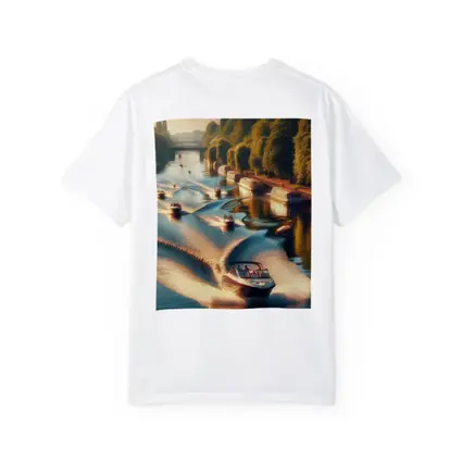 Speedboats Racing Along Sunny Tree Lined Canal