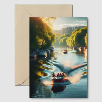 Red Boat Gliding Through Sunny Canal