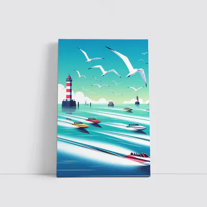 Speedboats Racing Past Lighthouse Seagulls Sky