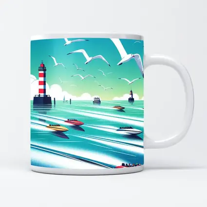 Speedboats Racing Past Lighthouse Seagulls Sky
