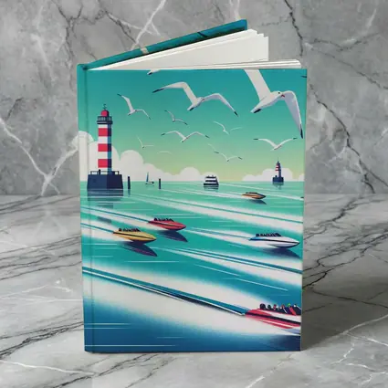 Speedboats Racing Past Lighthouse Seagulls Sky