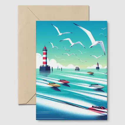 Speedboats Racing Past Lighthouse Seagulls Sky