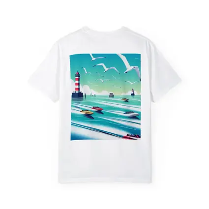 Speedboats Racing Past Lighthouse Seagulls Sky