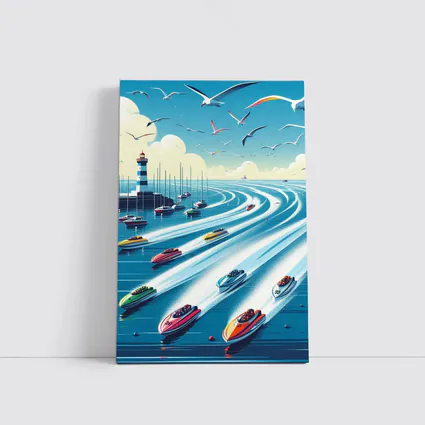 Colorful Speedboats Racing Near Lighthouse Illustration