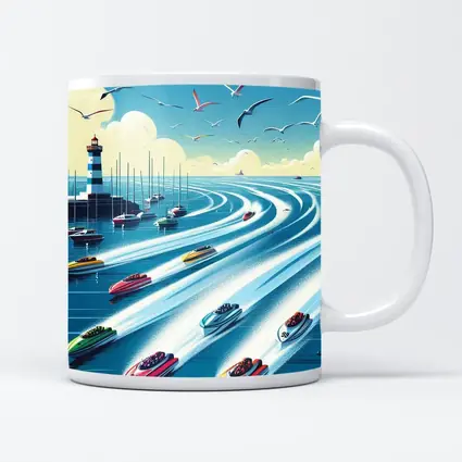 Colorful Speedboats Racing Near Lighthouse Illustration