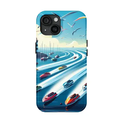 Colorful Speedboats Racing Near Lighthouse Illustration