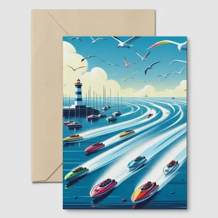 Colorful Speedboats Racing Near Lighthouse Illustration