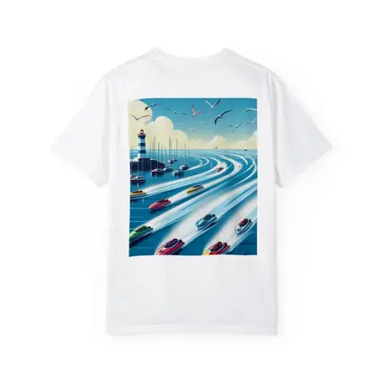 Colorful Speedboats Racing Near Lighthouse Illustration