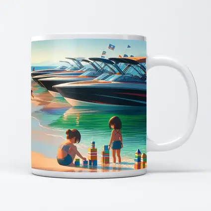 Kids Playing Beach Speedboats Sunny Summer Day