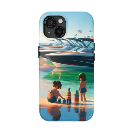 Kids Playing Beach Speedboats Sunny Summer Day