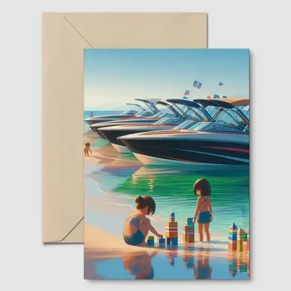 Kids Playing Beach Speedboats Sunny Summer Day