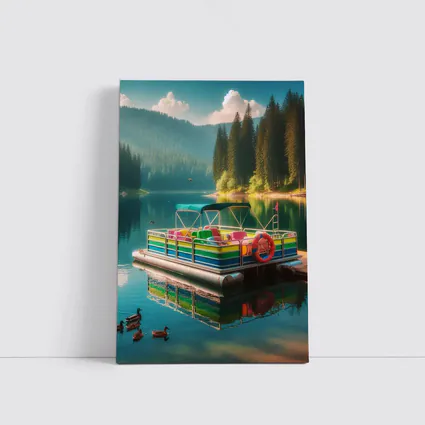 Colorful Pontoon Boat Calm Mountain Lake
