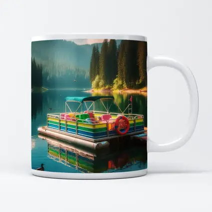 Colorful Pontoon Boat Calm Mountain Lake
