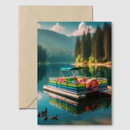 Colorful Pontoon Boat Calm Mountain Lake
