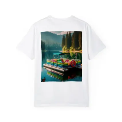 Colorful Pontoon Boat Calm Mountain Lake